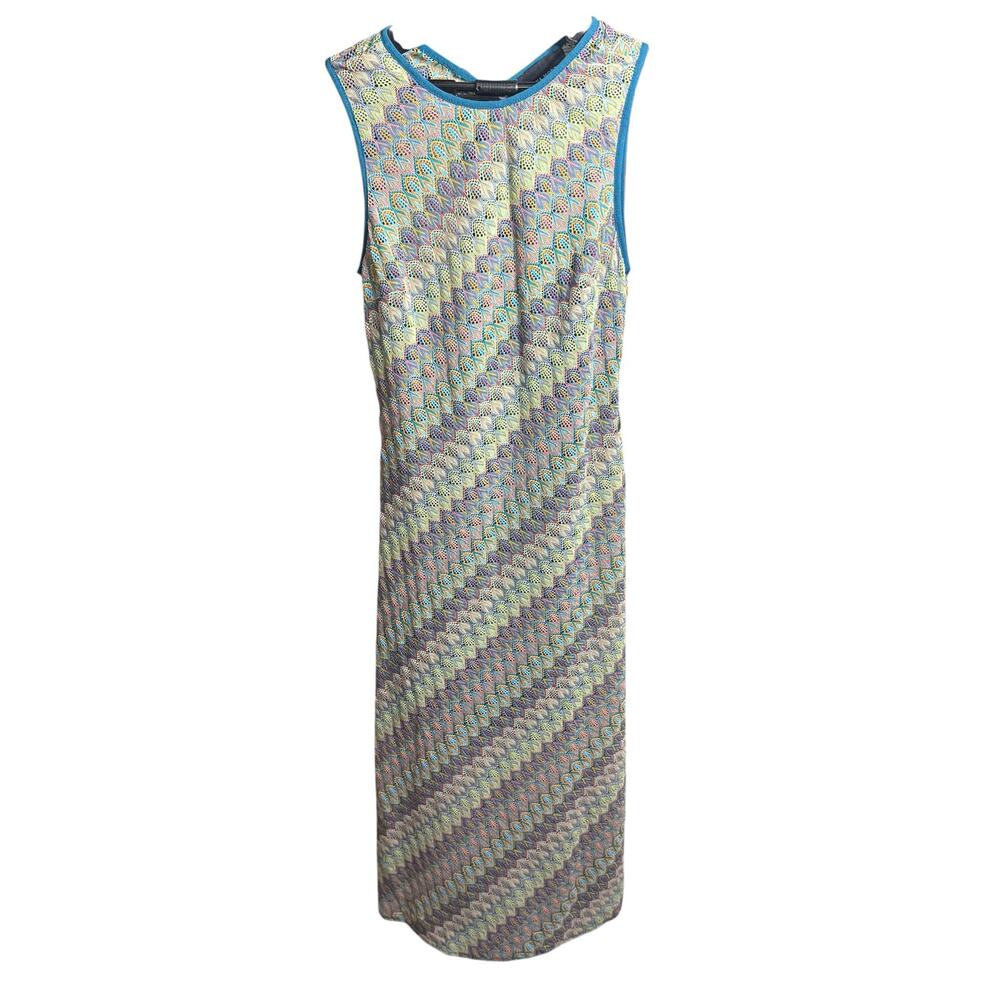 Donna Morgan Lace Midi Dress Teal Multicolor Crochet Overlay Size 8